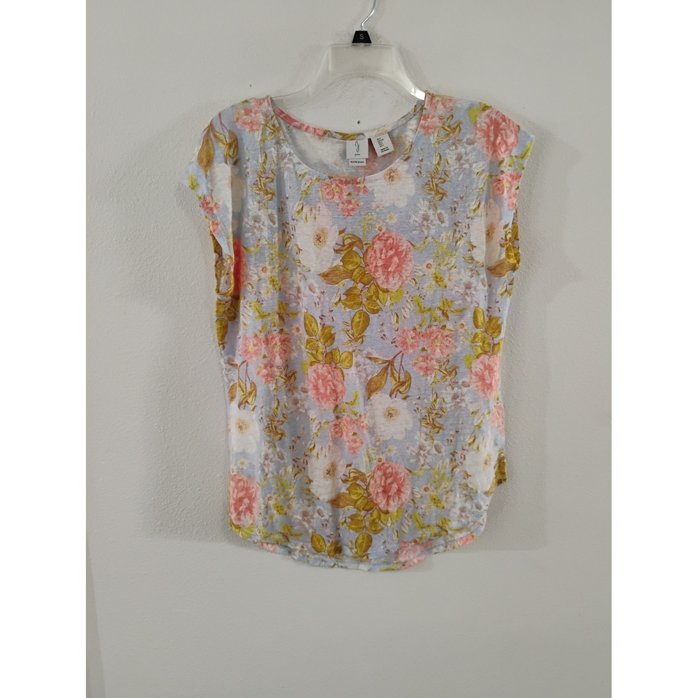 Joie 100% Linen Floral Print Cap Sleeve Top Blue Pink Yellow Large